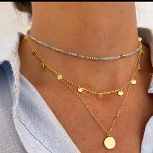 Elegant Multilayer Necklace | Blue and White Seed Beads and Gold Tone Discs